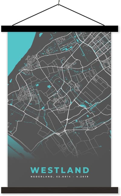 Posterhanger incl. Poster 120x180 cm - Schoolplaat - Stadskaart - Westland - Grijs - Blauw - Textielposter - Zwarte latten