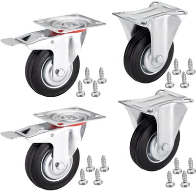 Set van 4 SOTECH meuberwiel Ø 75 mm (2 wielen zwenkbaar, 2 wielen met vastzetter) Hoogte 96 mm, Montageplaat 80 x 67 mm Draagvermogen tot 280 Kg