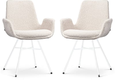 Nolon Noa-Eef Eetkamerstoelen Set van 2 Bouclé Beige - met Armleuning - Stof - Wit Metalen Onderstel - Lage Armleuning - Industrieel - Design