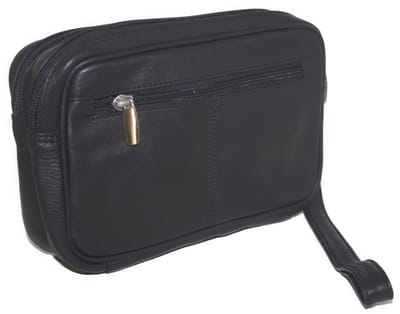 Oi zwarte leren Heren polstas met dubbele rits / uitgebreide lederen handtas voor mannen / pols tas met 2 grote ritsvakken / zwart rundsleer / 509