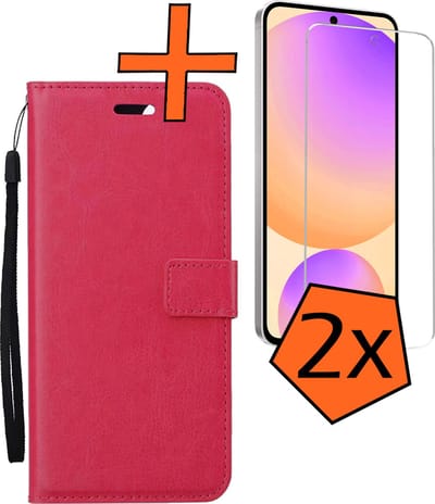 Hoes - Met 2x Screenprotector - Geschikt voor Samsung Galaxy S24 FE - Luxe Pasjeshouder - Bookcase Portemonee - Flip Case - Kunstleer Book Case - Flipcase Hoes - Book Cover - Walletcase - PortemonneeHoes - Donkerroze