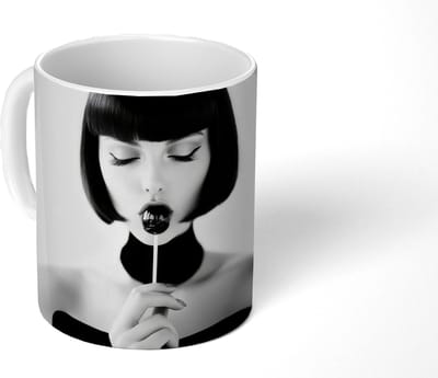 Mok - Koffiemok - Vrouw - Lolly - Zwart - Wit - Mokken - 350 ML - Beker - Koffiemokken - Theemok