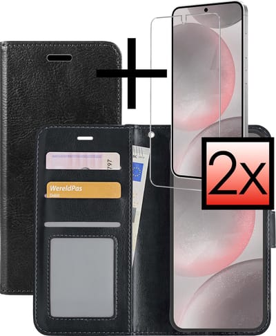 Hoesje - Met 2x Screenprotector - Geschikt voor Samsung Galaxy S24 - Luxe Pasjeshouder - Bookcase Portemonee - Flip Case - Kunstleer Book Case - Flipcase Hoes - Book Cover - Walletcase - Portemonneehoes - Zwart