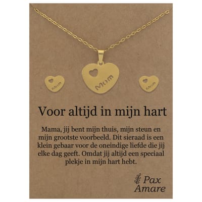 Stainless Steel Hartje met "Mom" Ketting + Oorbellen Setje op Cadeau Kaartje - Voor altijd in mijn hart - 45 cm ketting & ± 10x10mm Oorknopjes - Goudkleurig Roestvrij Staal - Pax Amare