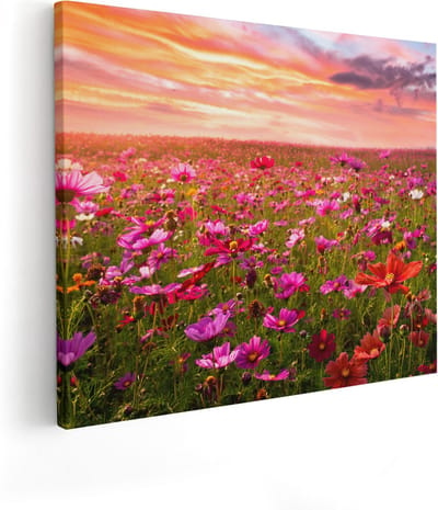 Artaza Canvas Schilderij Bloemenveld - 100x80 cm - Groot - Wanddecoratie Bloemen - Muurdecoratie Zonsondergang - Schilderijen Op Canvas