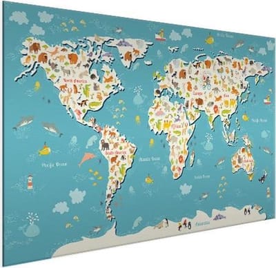 Wanddecoratie Metaal - Aluminium Schilderij Industrieel - Wereldkaart Kinderen - Blauw - Dieren - 100x50 cm - Dibond - Foto op aluminium - Industriële muurdecoratie - Voor de woonkamer/slaapkamer