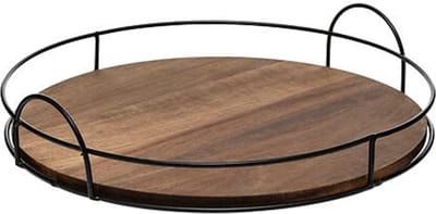 5Five Dienblad/serveerblad Bilbao - Acacia hout - D34 cm - zwart/bruin - met opstaande metalen rand