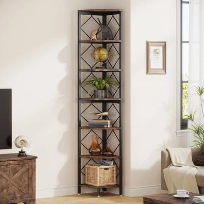 Questyr - 7-laags hoekplank - 200 cm extra hoge hoekboekenkast - industriële slanke hoekboekenplank voor kleine smalle ruimtes