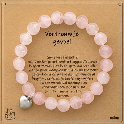 Bixorp Rozenkwarts Armband op Cadeau Kaartje - Vertrouw in je Gevoel - Met Hartje Hanger - 8mm / 18cm Edelsteen Kralenarmband - Inclusief Cadeau Envelop