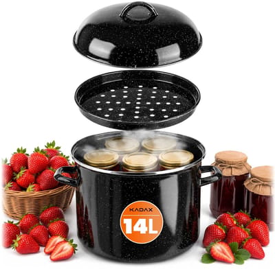 KADAX geëmailleerde inmaakpan, 14 liter, grote pan voor het maken van jam en het inmaken van voedsel, jampan met deksel en handvatten (zwart)