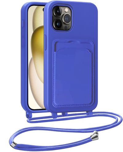 Hoesje Geschikt voor iPhone 14 Pro Telefoonhoesje Met Koord Case Pashouder Siliconen - Hoes Geschikt voor iPhone 14 Pro Hoesje Met Kaarthouder - Felblauw