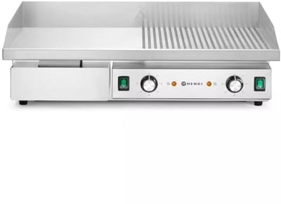 HENDI Elektrische bakplaat half vlak half geribbeld - plaat gehard staal 10 mm - 720x460x241 mm - rvs zilver - 2 zones, spatranden en vetlade - horeca