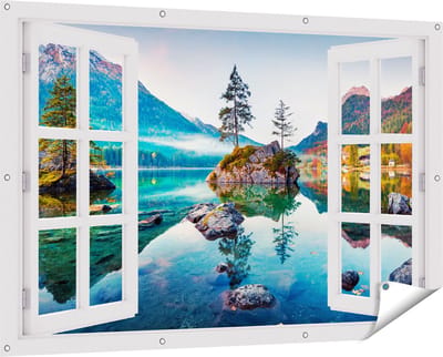 Gards Tuinposter Doorkijk Meer in de Bergen tijdens de Herfst - 150x100 cm - Tuindoek - Tuindecoratie - Wanddecoratie buiten - Tuinschilderij