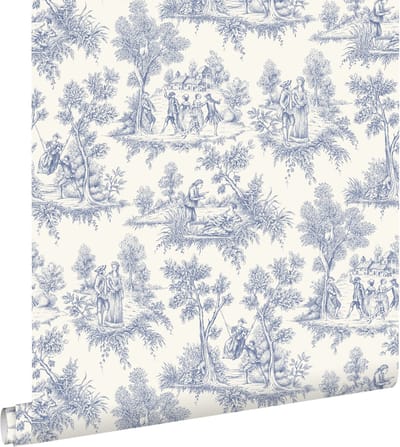 ESTAhome behang toile de jouy print blauw - 50 x 900 cm - 132096