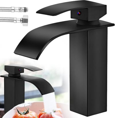 Elegante Waterval Kraan voor Badkamer Wastafel met 60cm Aansluitslangen, Zwart Mengkraan voor Warm en Koud Water