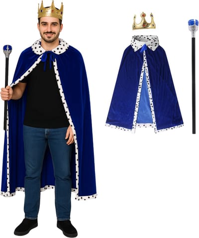 Joya Party® Koning cape/mantel met Kroon en staf voor volwassenen | Carnaval verkleedkleding | Prins Verkleed Cape | Middeleeuwen | Majesteit | Blauw | Heren en Dames | One Size