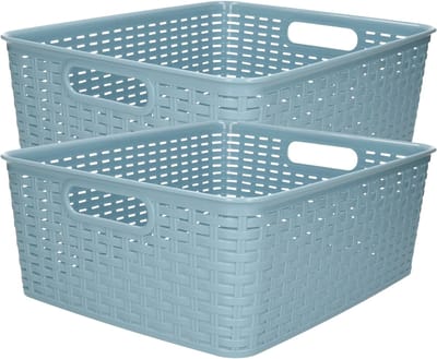 Plasticforte Opbergmand - 2x - Kastmand - rotan kunststof - ijsblauw - 12 Liter - 30 x 37 x 13 cm