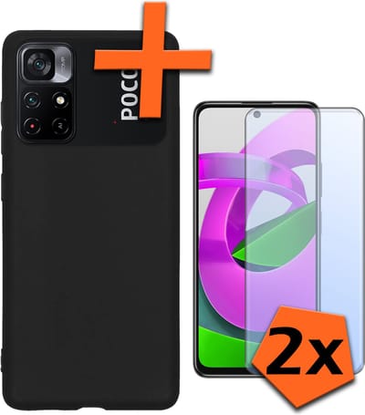 Hoes - Met 2x Screenprotector - Geschikt voor Xiaomi Poco M4 Pro 5G - Sterk & Shockproof - Back Cover - Siliconen Case - Telefoon Hoes - Zwart
