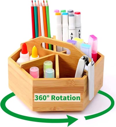 Famanu – Draaibare bamboe pennenbak – 6 vakken – bureau organizer – 15x17x19 cm