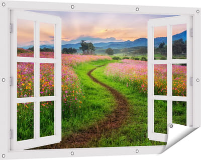 Gards Tuinposter Doorkijk Kosmos Bloemenveld met een Pad - Bloemen - 120x80 cm - Tuindoek - Tuindecoratie - Wanddecoratie buiten - Tuinschilderij