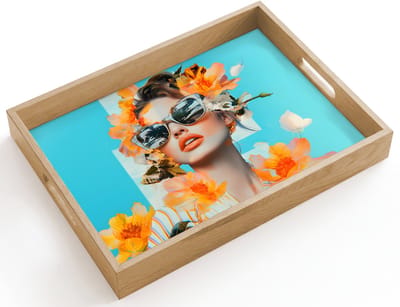 Dienblad hout 40x30 cm - Schootdienblad - Bloemen - Vrouw - Zonnebril - Blauw - Borrelplank rechthoek - Plateau dienbladen