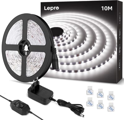 Ledstrip, 10 m, koudwit, 6000 K, dimbaar, 2835 leds, wit, zelfklevend, 420 leds, superheldere ledstrip, strip met voeding, lichtketting voor binnen, keukendecoratie [Energieklasse G]