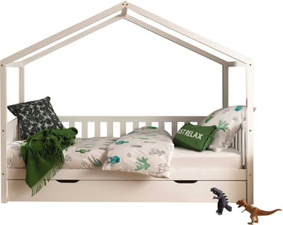 Vipack Kinderbed Dallas 90x200cm - Sofabed als Huis met Slaaplade - Bed met Dak - Peuterbed met Logeerbed - Ledikant - Wit
