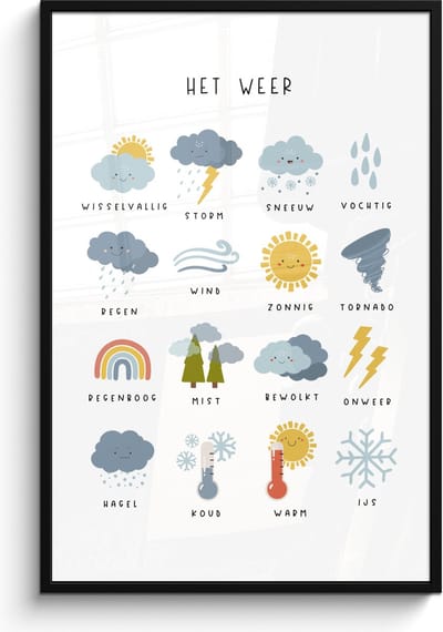 Poster in lijst - Fotolijst 80x120 cm - Posters - Het weer - Leren voor kinderen - Educatief - Regenboog - Zon - Posterlijst zwart - Kamer decoratie - Wanddecoratie kinderkamer - Muurdecoratie babykamer