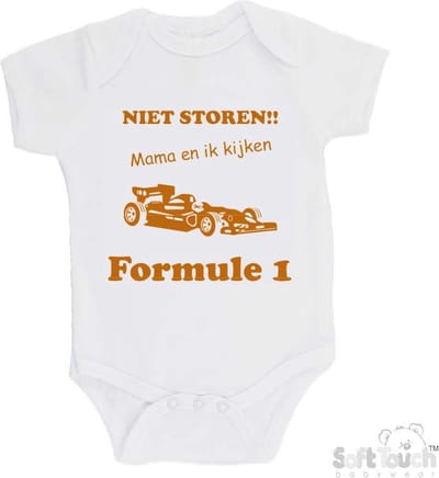 100% katoenen Romper "Niet storen!! Mama en ik kijken Formule 1" Unisex Katoen Wit/tan Maat 62/68