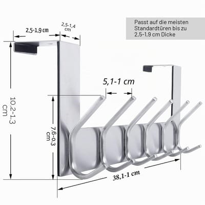Kapstok over de deur handdoekenrek met 6 dubbele haken voor opknoping jassen, handdoekhanger voor handdoeken, kleding, achterkant van badkamer, zilver, 2