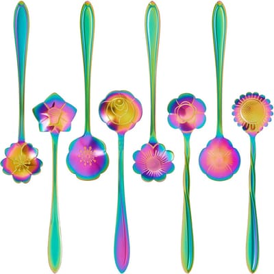 8x Bloemen Lepels - Set - Theelepel / Koffielepel - 12cm - Regenboog - 8 Stuks