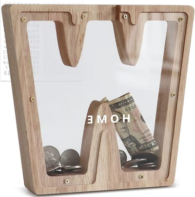 Spaarpot Houten Letters - Spaarvarken Kinderen - Geld Leren Besparen - Transparant Zichtvenster - 18 x 18 cm - Natuurlijk Hout