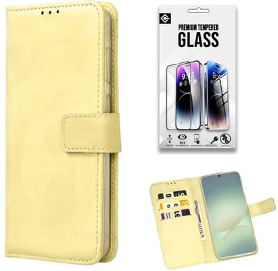 Casemania Hoesje + Glas Geschikt voor Samsung Galaxy S25 FE - Geel - Portemonnee Bookcase met Pasjeshouder en Standaardfunctie - Telefoonhoesje en Gehard Tempered Glazen Screenprotector