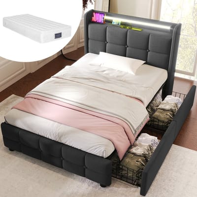 Eenpersoonsbed 90x200 cm - Gestoffeerd bed met USB-oplaadfunctie, hoofdbord, ledverlichting en 2 lades - bedframe met opbergruimte - lattenbodem van hout - Grijs (Inclusief matras)