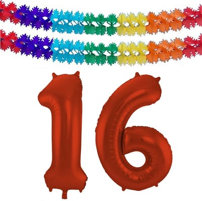 Folat Verjaardag Leeftijd folieballon - 16 jaar - rood - 86 cm - cijferballon groot - incl 2x feestslingers