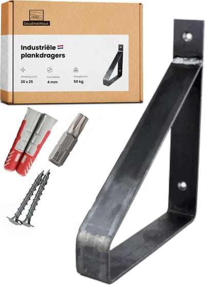GoudmetHout® Industriële Plankdragers - 20 cm - Stalen Plankdrager voor Wandschap, Muurrek of Wandconsole - Max 50 kg - 1 stuk - Zonder Coating