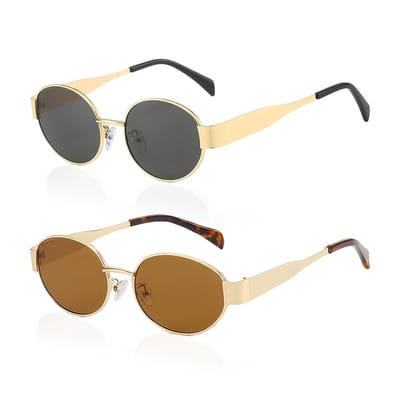 Dailygoods- Zonnebrillen 2 Stuks - Retro Ovale Brillen - Anti-UV Brillen - Lichtgewicht Reisbril - Gouden Frame met Grijze/Theevlokken - Comfortabel en Uniek - Zonnebril