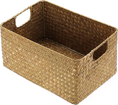 Woven Rectangular Seagrass Opbergmand - Decoratieve Multifunctionele Mand voor Badkamer, Planken en Bureau (Karamel, Klein)