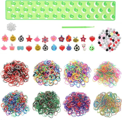 Behave Loombandjes Starterspakket met 2000 Loom Elastiekjes + 24 Hangertjes + 60 kraaltjes + Loom Haaknaald + Groen Loombord + S-clips