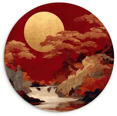 WallCircle® Wandcirkel 120x120 cm - Muurcirkel Volle maan - Landschap - Waterval - Muurdecoratie woonkamer - Wanddecoratie slaapkamer - Kamer decoratie accessoires - Ronde schilderijen XXL