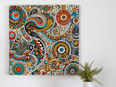 Doodle aboriginal schilderij | Spirited Ephemeral Creations: Tribal Doodles from Beyond the Horizon | Kunst - 30x30 centimeter op Dibond | Foto op Dibond