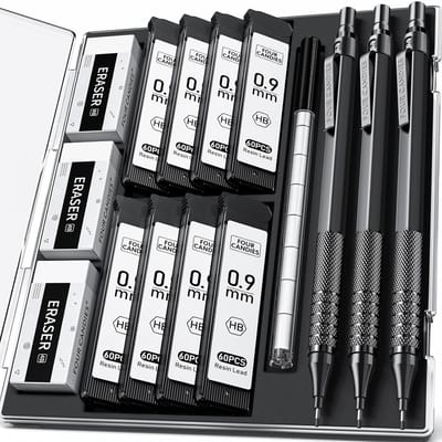 PromoHome 0,9 mm Vulpotloodset Compleet Pakket - 3 Metalen Tekenpotloden, 480 HB Vullingen, 3 Gummetjes, 9 Gummetnavullingen, Opbergetui - Professioneel Schrijf- en Tekenmateriaal Zwart