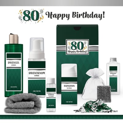 Geschenkset “80 Jaar Happy Birthday!” - 7 producten - 850 gram | Giftset voor hem - Luxe wellness douche cadeaubox - Cadeau man Verjaardag - Gefeliciteerd Tachtig jaar Feestje - Gift Set Opa - Cadeaupakket Verjaardagsfeestje - Verjaardagscadeau Groen