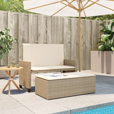 vidaXL - Tuinbank - met - kussens - en - voetenbank - poly - rattan - beige