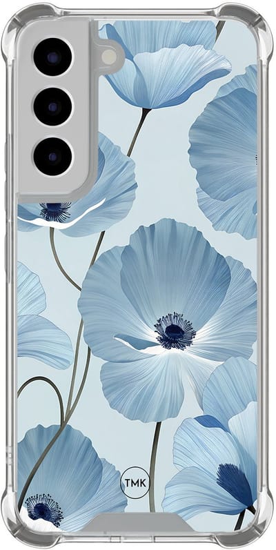 Shockproof hoesje geschikt voor Samsung Galaxy S22 - Blauw bloemenveld - Schokbestendig - Verhoogde randen - TPU case - Extra Sterke Back Cover - Bloemen - Transparant, Blauw