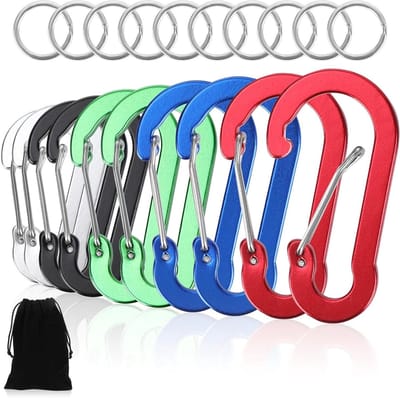 Set van 10 Grote Carabiners van 70mm met Stalen Ringen en Opbergtas voor Sleutels, Kamperen en Backpacken