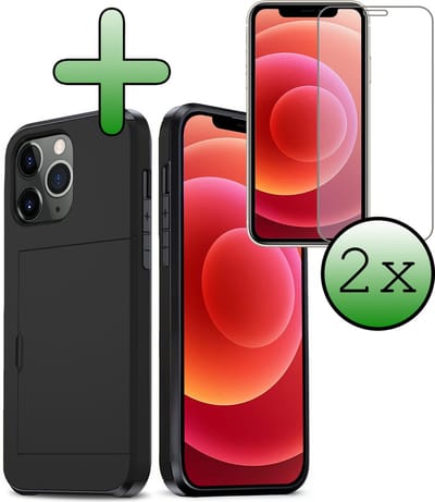 Hoes Geschikt voor iPhone 11 Pro Hoesje Hard Case Met Pas Houder Met 2x Screenprotector - Hoesje Geschikt voor iPhone 11 Pro Hoes Shockproof Hard Cover Met Kaarthouder - Zwart