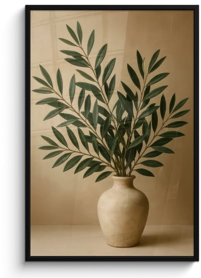 Poster in lijst - Fotolijst 80x120 cm - Posters - Vaas - Olijftakken - Bladeren - Beige - Posterlijst zwart - Decoratie - Wanddecoratie woonkamer - Muurdecoratie slaapkamer