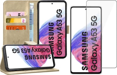 Hoesje geschikt voor Samsung Galaxy A53 - Book Case Kunstleer Wallet Cover Portemonnee Pasjeshouder Hoes Goud - Tempered Glass Screenprotector