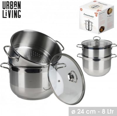 Urban Living - Couscous Pan RVS 8 Liter met Glazen Deksel - Alle Warmtebronnen